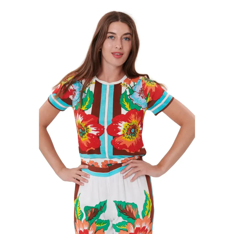 Women's Round Neck Floral Print and Sequin T-Shirt Derhy Kimmy