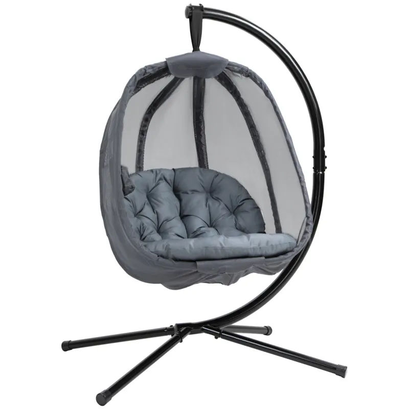 Outsunny Grey Folding Hanging Egg Chair With Cushion And Stand