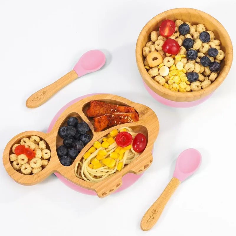 Vinsani Bamboo Turtle Feeding Set With Suction Plate, Bowl & Spoon - Pink