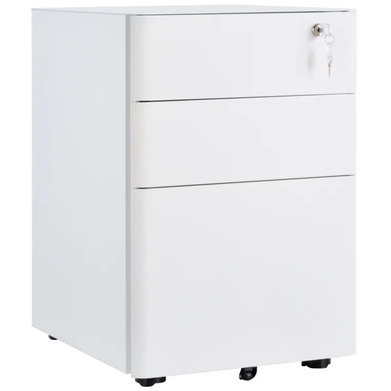 3-drawer Metal Filing Cabinet | Lockable | 4 Wheels | Compact Under Desk | White