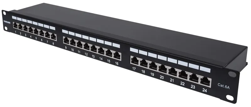 Intellinet Patch Panel Cat6a FTP 24-Port 1U Shielded 90 Top-Entry Punch Down Blocks Black
