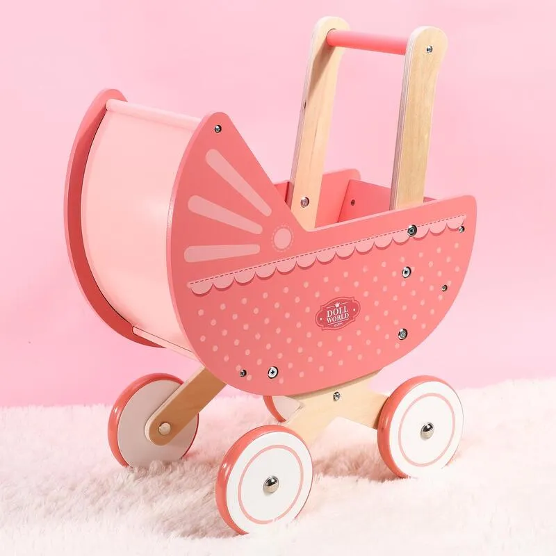 Soka Play Imagine Learn Wooden Doll Pram - Classic White & Pink