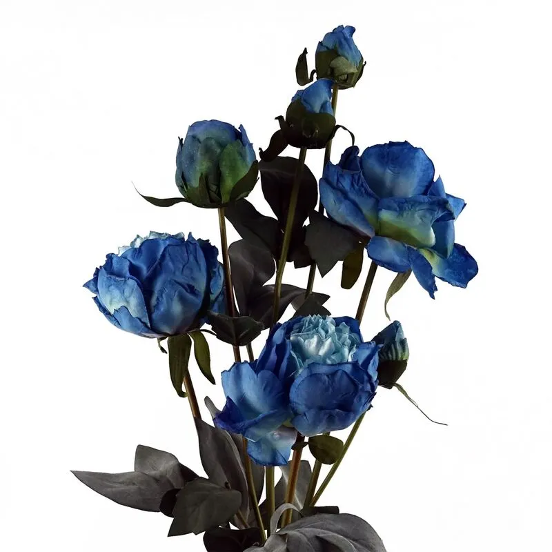 Leaf 55cm Blue Peony Artificial Flower Spray - 4 Blooms 3 Buds