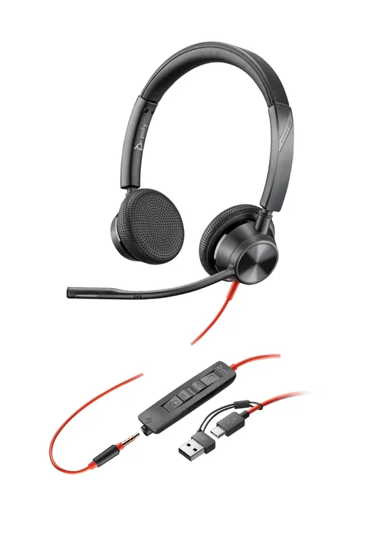 HP Poly Blackwire 3325 Stereo USB-C Headset +3.5mm Plug +USB-C/A Adapt