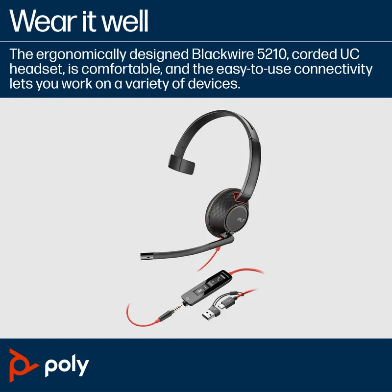 HP Poly Blackwire 5210 Monaural USB-C Headset +3.5mm Plug +USB-C/A Ada