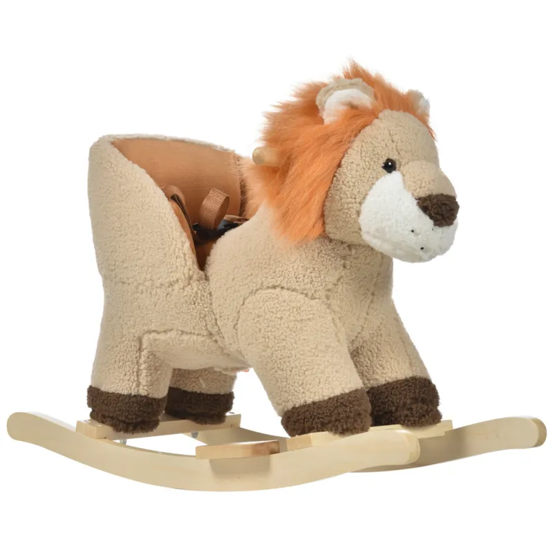 Plush Rocking Lion Ride On Seat With Sound Button & Seat Belt - Wood Base, 3 Lr44 Batteries Included