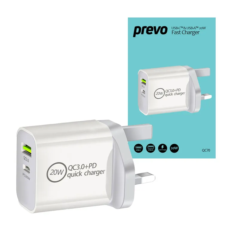PREVO QC70 20W USB Type-C & USB Type-A Fast Charge Mains Charger w