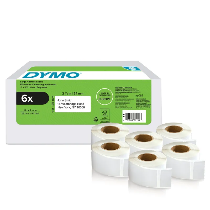 DYMO Authentic LabelWriter Return Address Labels | 25 mm x 54 mm | Self-Adhesive | 6 Rolls of 500 Easy-Peel Labels (3000 Count) | for LabelWriter Label Makers | Made in Europe