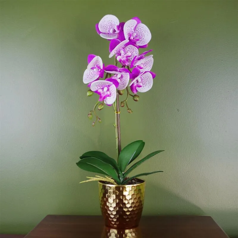Leaf 50cm Artificial Phalaenopsis Orchid - Purple White Blend With Gold Pot