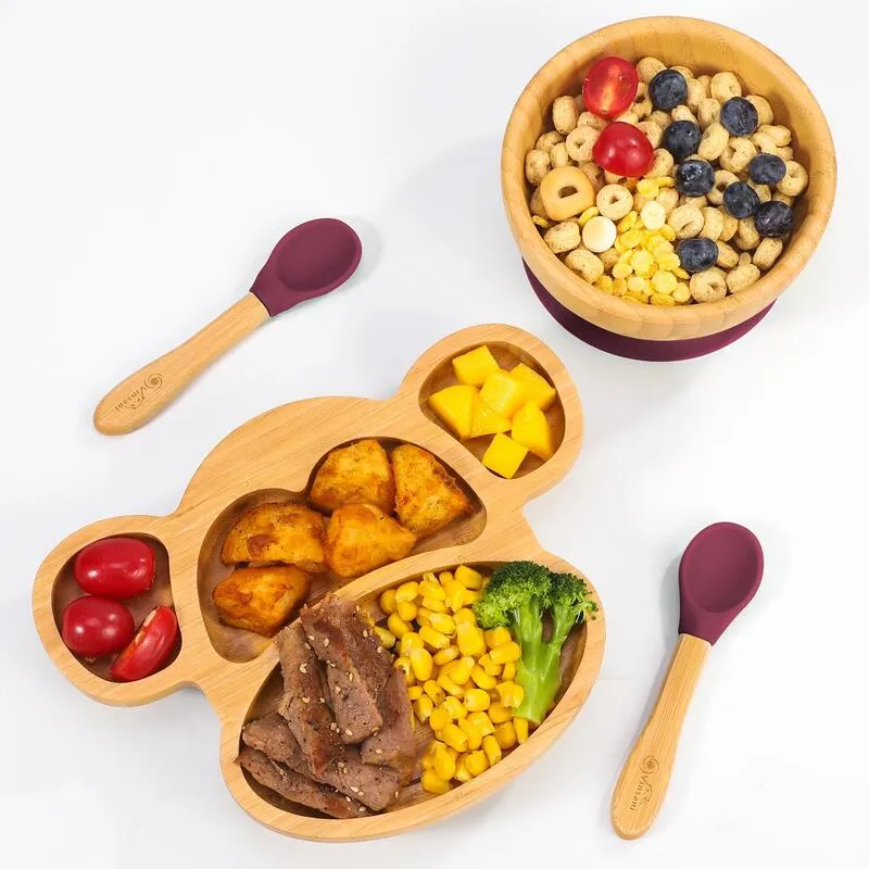 Vinsani Bamboo Monkey Plate Bowl & Spoon Set - Red