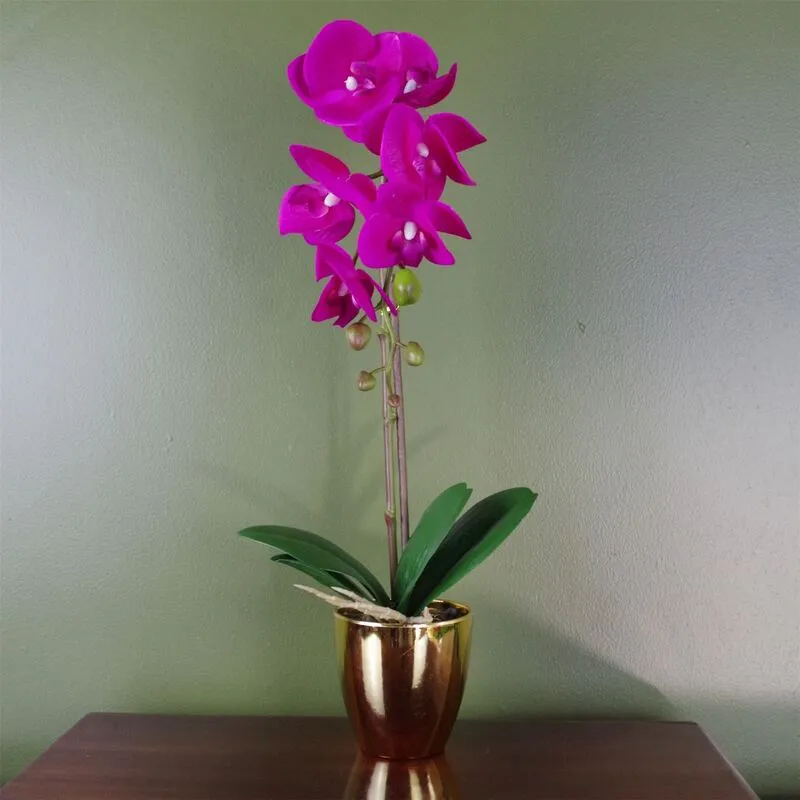 Leaf 46cm Artificial Orchid - Dark Pink With Gold Accents