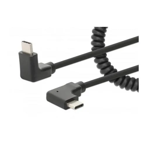 Manhattan USB-C to USB-C Cable 1m Male to Male Black 480 Mbps (USB 2.0) Tangle Resistant Curly Design Angled Connectors Ideal for Charging Cabinets/Carts Power Delivery up to 60W Charge only - not for data sync Hi-Speed USB Lifetime Warran