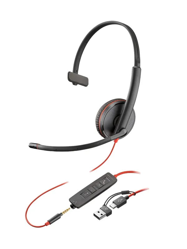 HP Poly Blackwire 3215 Monaural USB-C Headset +3.5mm Plug +USB-C/A Ada