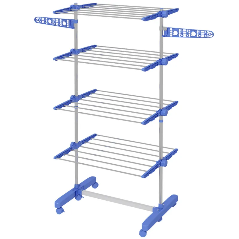Homcom Stainless Steel 4-tier Clothes Airer - Blue, Large Drying Rack With Extendable Wings