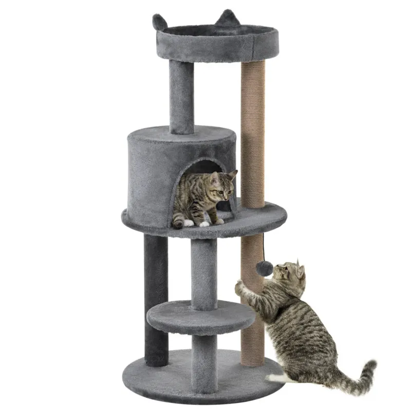 Pawhut Four-tier Cat Activity Tree With Scratching Posts, Ear Perch & Hideaway House - 104cm Grey