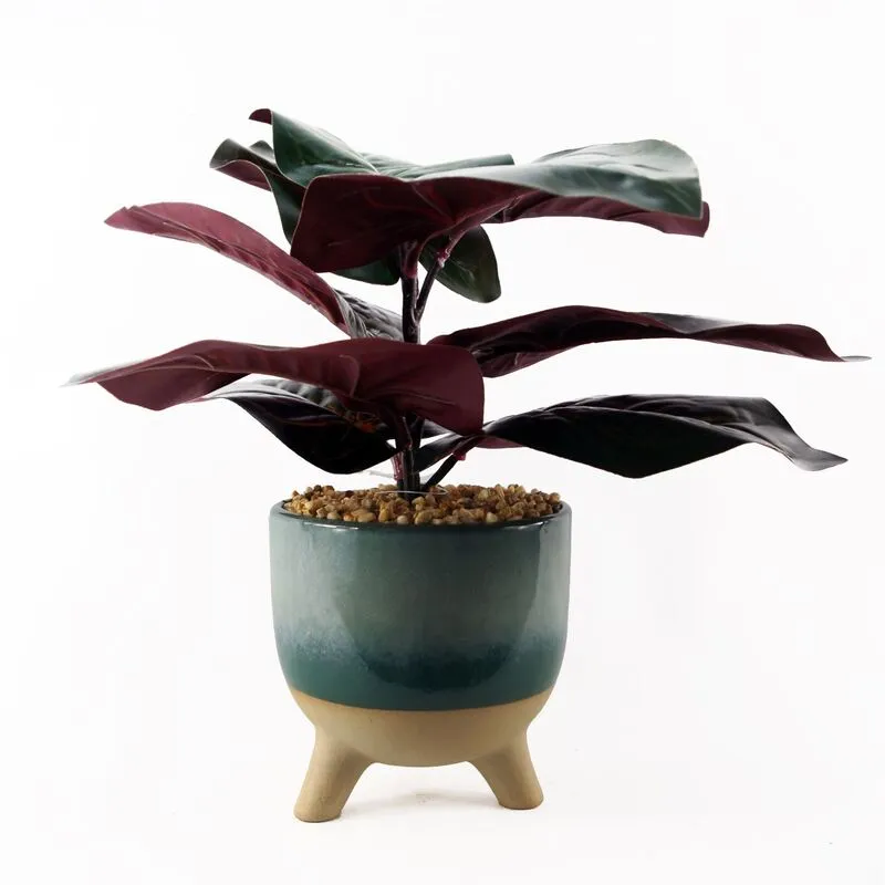 Leaf Artificial Ficus Plant 35cm Ceramic Planter - Teal Blue-green
