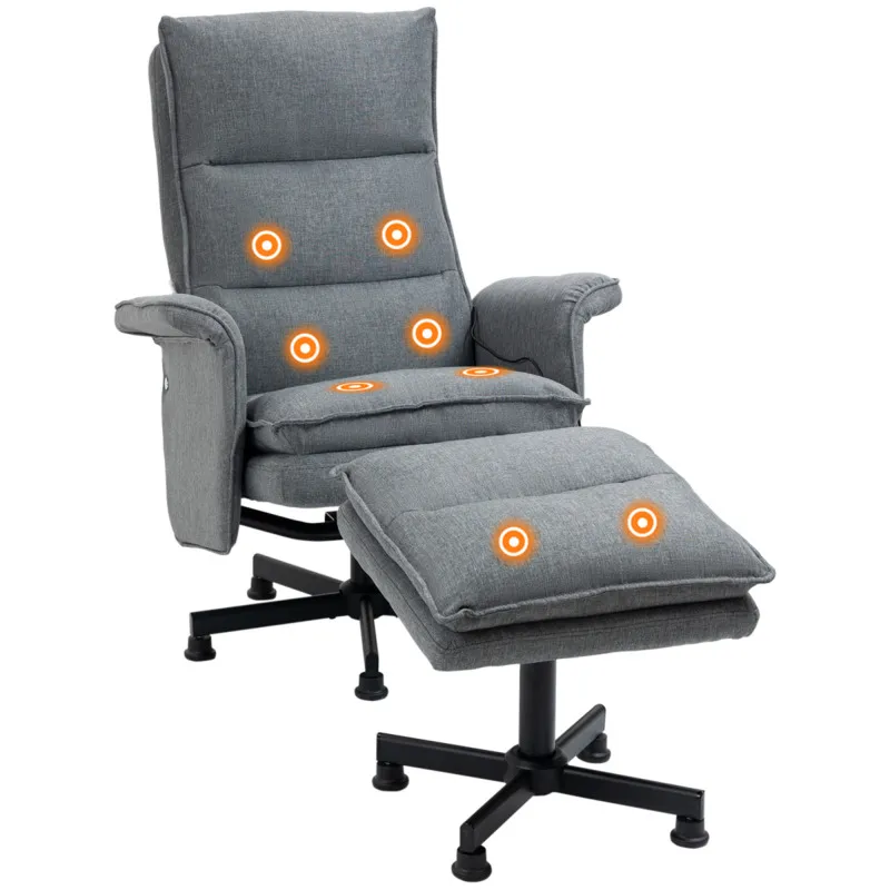 Homcom Swivel Recliner Massage Armchair With Footstool - 8 Massage Points, 135° Recline, Grey