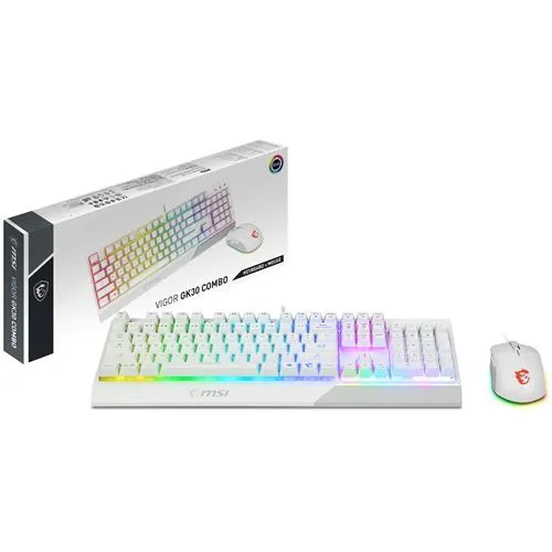 MSI VIGOR GK30 COMBO WHITE UK RGB MEMchanical Gaming Keyboard + Clutch GM11 WHITE Gaming Mouse ' UK Layout 6-Zone RGB Lighting Keyboard Dual-Zone RGB Lighting Mouse 5000 DPI Optical Sensor Center'