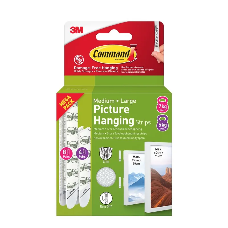 COMMAND PIC HANG STRIP M+L WHT PK24