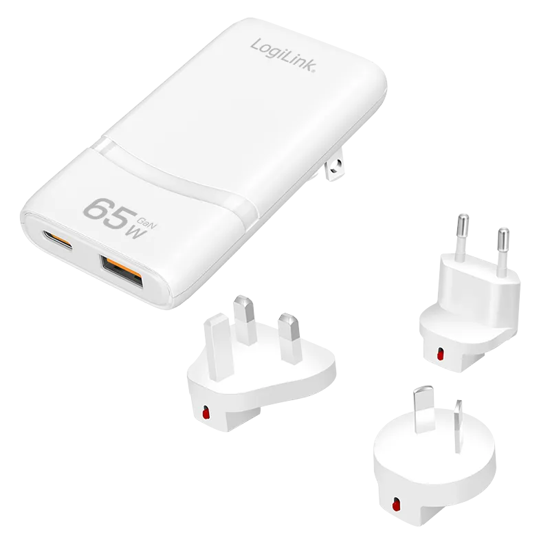 LogiLink USB-A/C Travel charger. 65 W. GaN. 2-port. 1x USB-A (QC). 1x