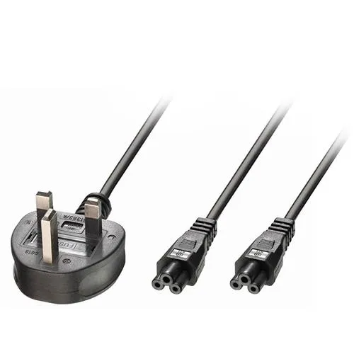 Lindy 2.5m UK 3 Pin Plug To IEC 2 x C5 Splitter Extension Cable Black