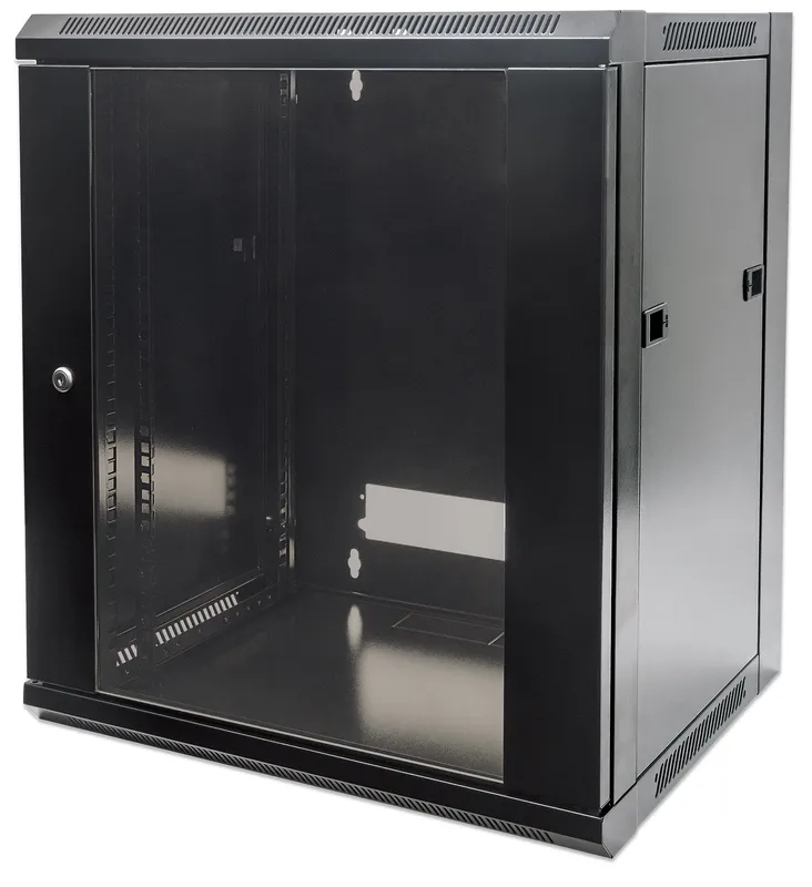 Intellinet 19" Network Cabinet - Wall Mount (Standard) 12U 450mm Deep Black Flatpack Max 60kg Suitable also for use on desk or floor Usable Depth 270mm to 350mm Metal & Glass Door Back Panel Removeable SidesParts for wall installation not