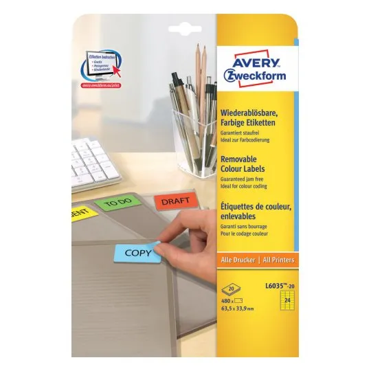 Avery L6035-20 self-adhesive label Rounded rectangle Removable Yellow