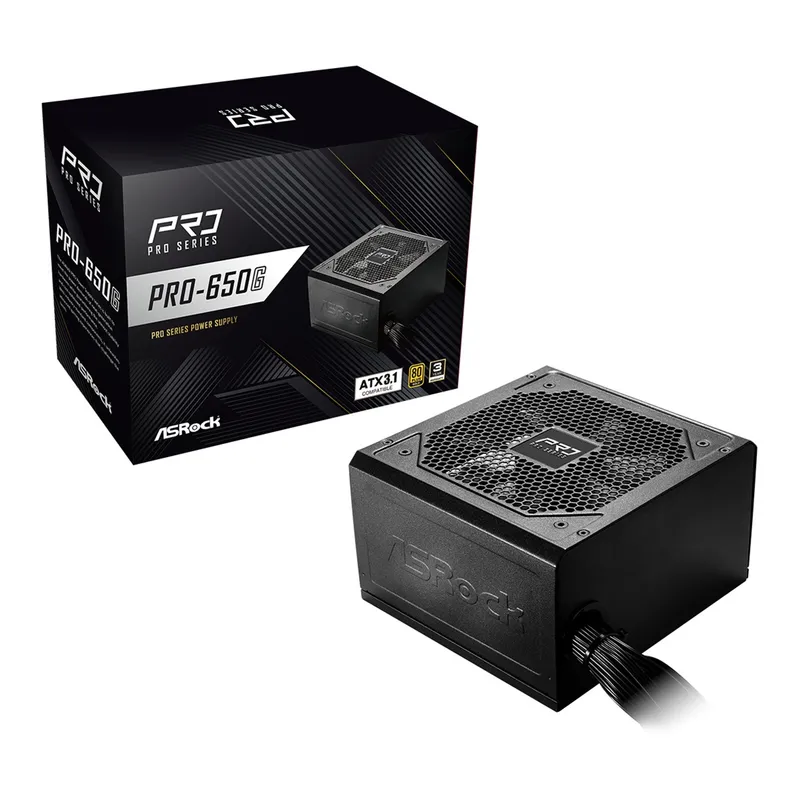 ASRock PRO-650G 650W ATX Power Supply Unit 80 Plus Gold Certified 120mm Silent Cooling Fan High Efficiency PSU