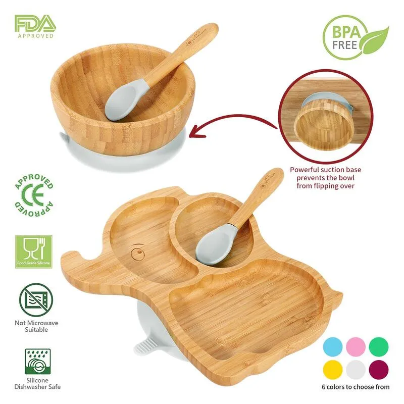 Vinsani Bamboo Elephant Plate, Bowl & Spoon Set - Grey