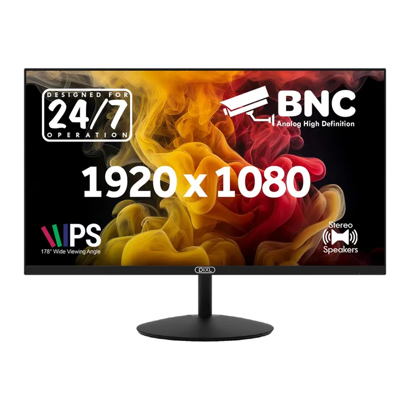 piXL 24-inch Full HD Energy Saving CCTV IPS Monitor for 24/7 use with BNC HDMI amp; VGA Connections and CVBS AHD TVI amp; CVI Signal Support