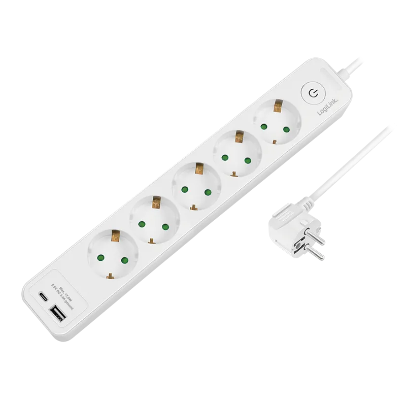 LogiLink Outlet Strip. 5 safety sockets. w/ 1x USB-A. 1x USB-C Port. w