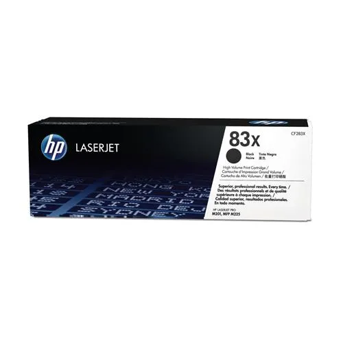 HP 83X High Yield Black Original LaserJet Toner Cartridge. Black toner page yield: 2200 pages Printing colours: Black Quantity per pack: 1 pc(s)