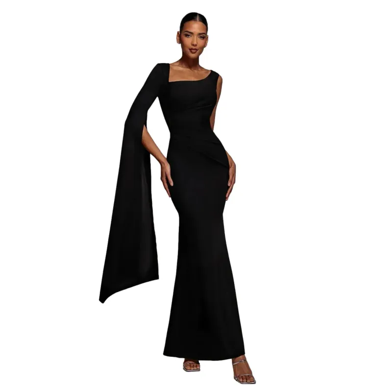 Asymmetrical Cape Sleeve Dress Women Goddiva Maxi