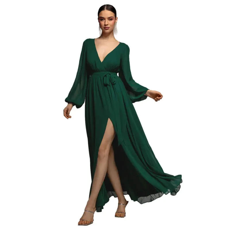 Women's Split Front Wrap Dress Goddiva Maxi
