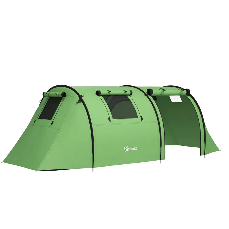 Outsunny 4 Person Tunnel Camping Tent - 3000mm Waterproof, Two Room, Green