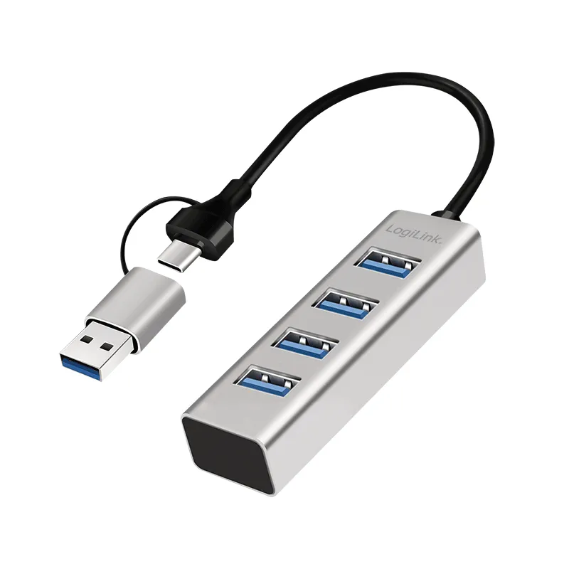LogiLink USB 3.0 hub. 4x USB-A. 5 Gbit/s. 2-in-1 connection cable. sil