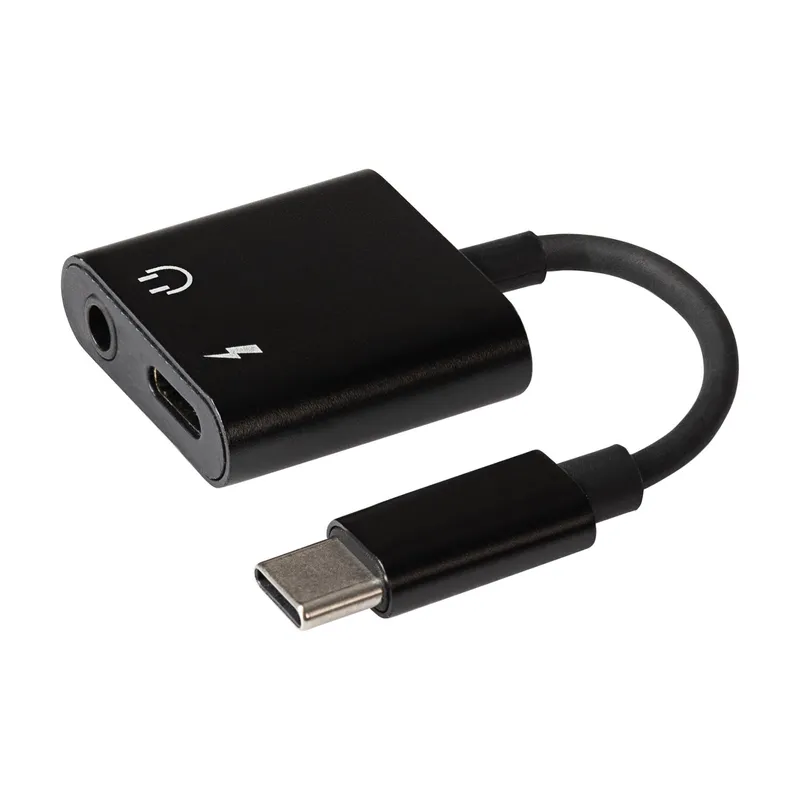 Nikkai USB-C to 3.5mm Headphone Jack / USB-C PD Charging Port Adapter - Black, 10cm