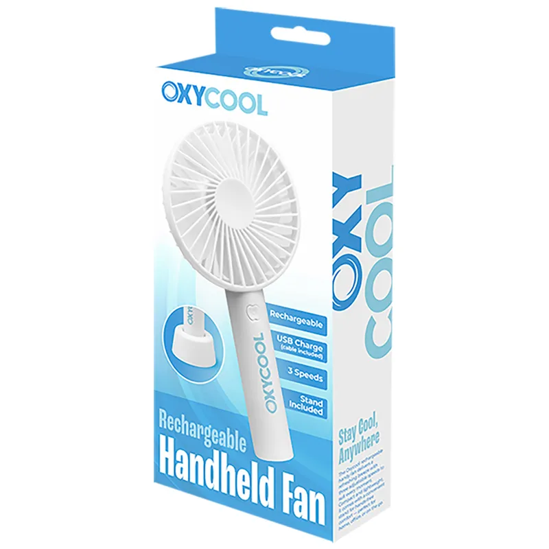 OXYCOOL 10cm Handheld Fan USB-C Rechargeable 3 Speed inc Desk Stand