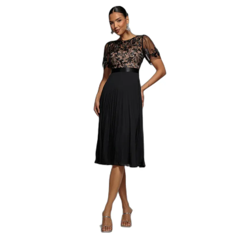 Embroidered Pleated Chiffon Midi Dress Women Goddiva
