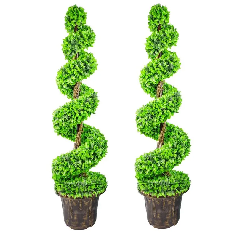120cm Pair Of Green Large Leaf Spiral Topiary Trees With Decorative Planters