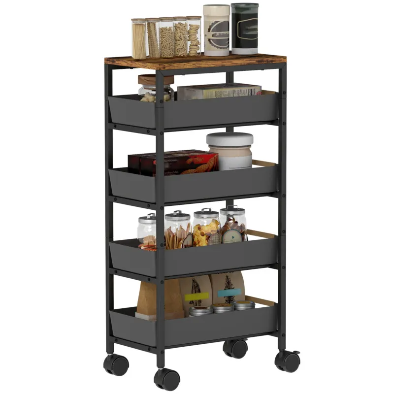 Homcom Kitchen Storage Trolley Mobile Utility Cart For Kitchen Office Black