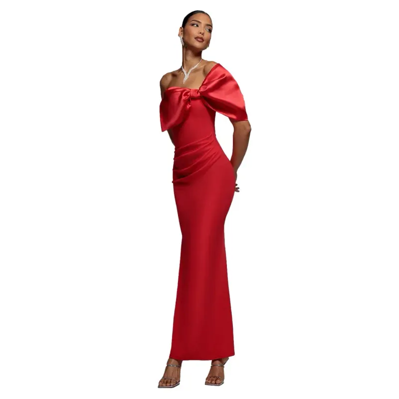Satin Off-the-Shoulder Bodycon Dress Women Goddiva Maxi