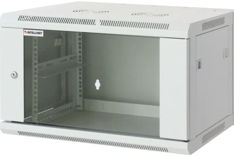 Intellinet 19" Network Cabinet - Wall Mount (Standard) 6U 600mm Deep Grey Assembled Max 60kg Suitable also for use on desk or floor Usable Depth 500mm Metal & Glass Door Back Panel Removeable Sides Parts for wall install (eg screws/rawl pl