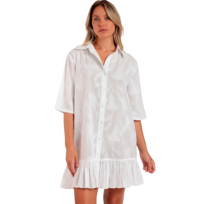 Women's Button-Down Beach Shirt Dress Admas Texture Flowers