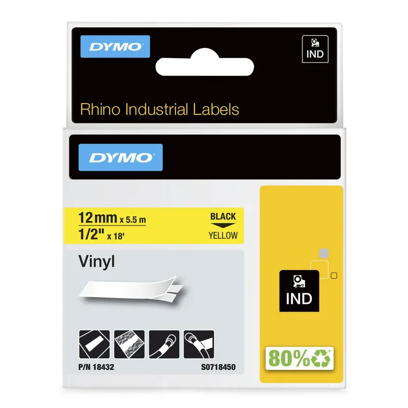 Dymo 18432/S0718450 Ribbon Vinyl black on yellow 12mm x 5.5m for Dymo