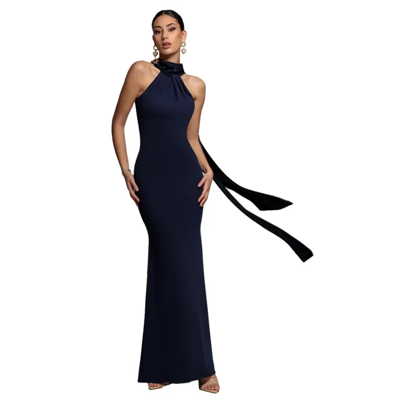 Satin Scuba and Velvet Backless Dress Women Goddiva Maxi