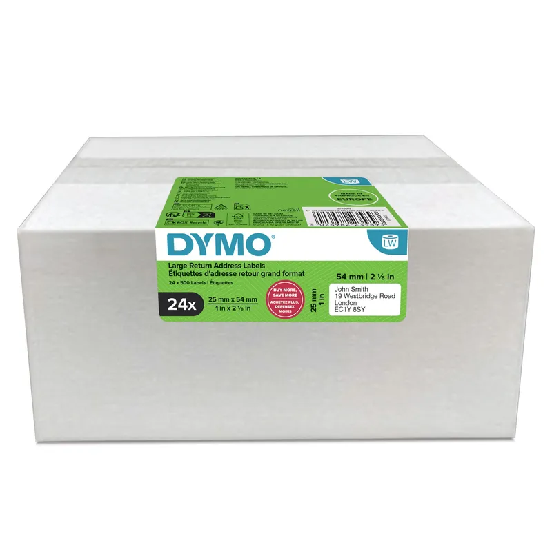 DYMO Authentic LabelWriter Return Address Labels | 25 mm x 54 mm | Self-Adhesive | 24 Rolls of 500 Easy-Peel Labels (12000 Count) | for LabelWriter Label Makers | Made in Europe