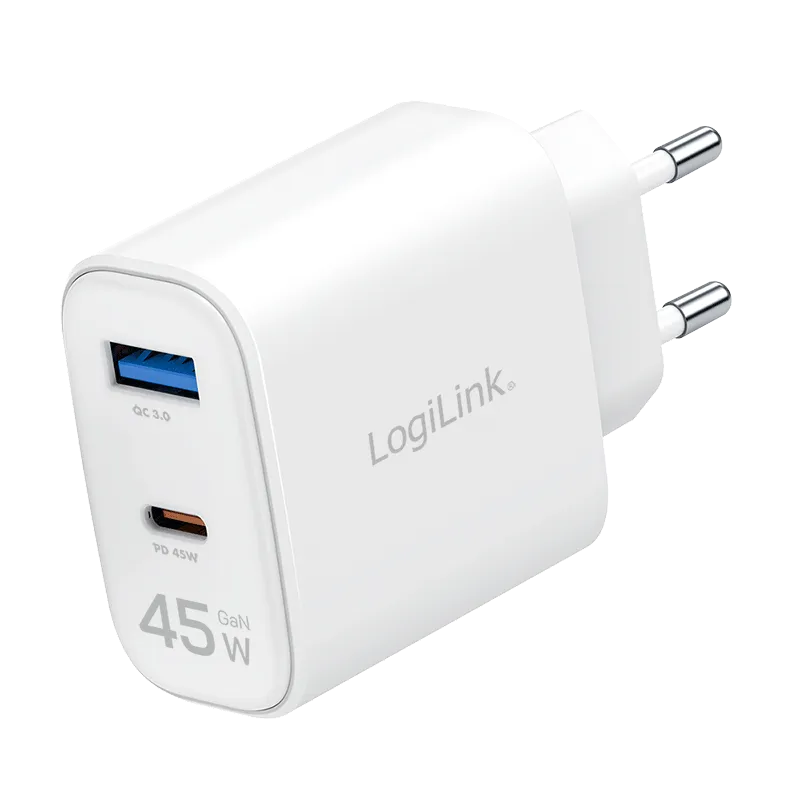 LogiLink USB-A/C charger. 45 W. GaN. 2-port. 1x USB-A (QC). 1x USB-C (