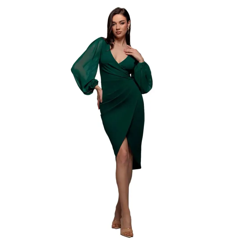 Balloon Sleeve Wrap Dress Women Goddiva Midi