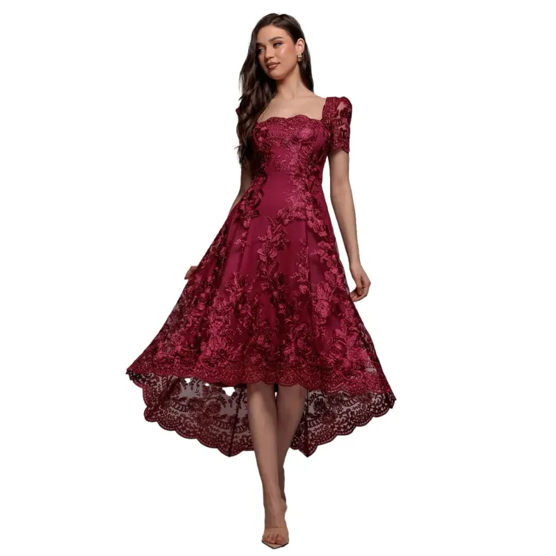 Embroidered Lace Asymmetrical Dress Women Goddiva Midi